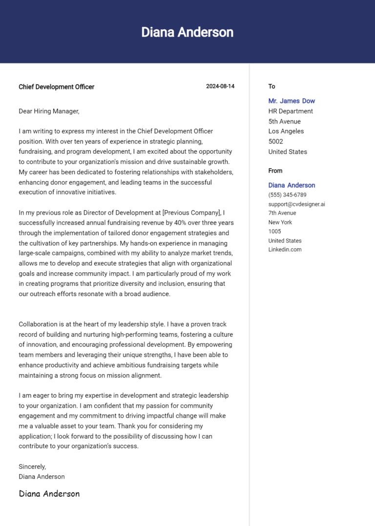 Chief Development Officer Cover Letter Examples & Samples for 2025