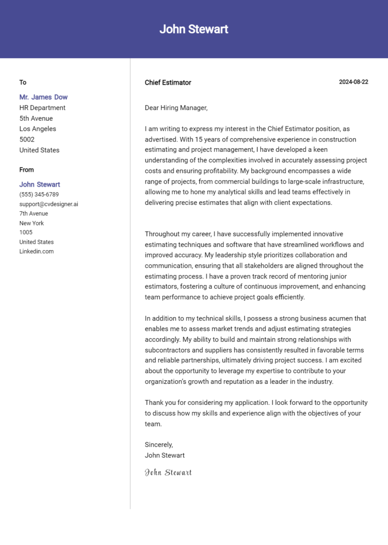 Chief Estimator Cover Letter Examples and Templates for 2025