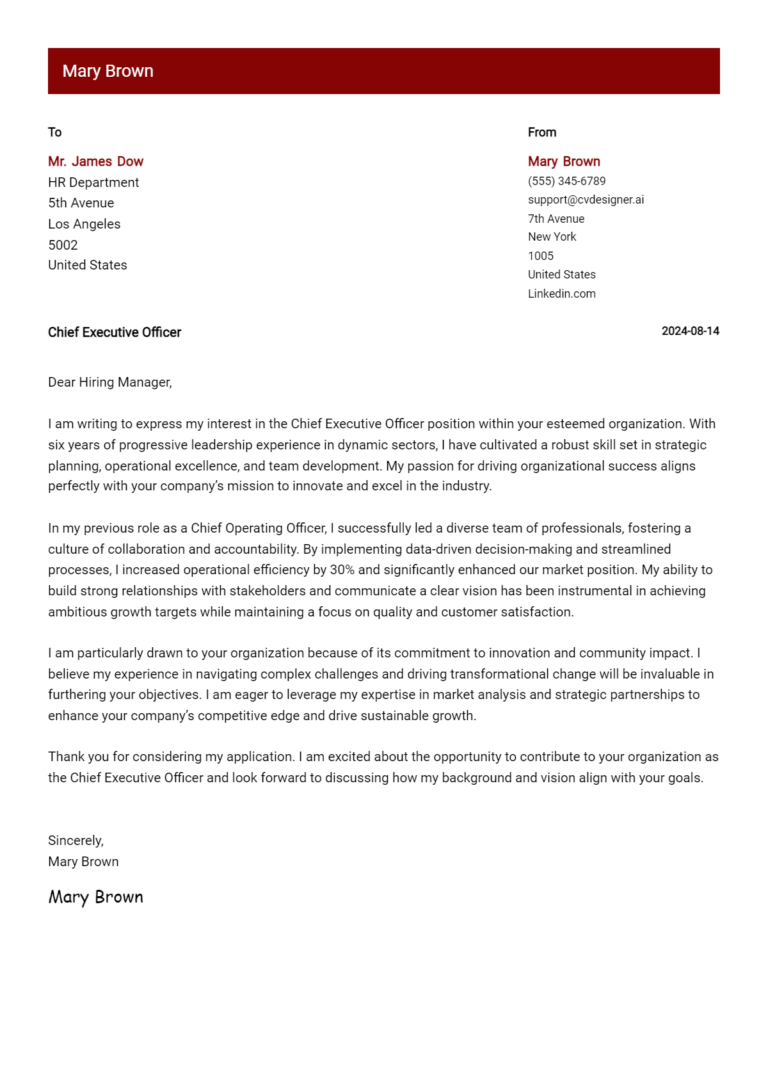 Chief Executive Officer Cover Letter Samples & Examples 2025