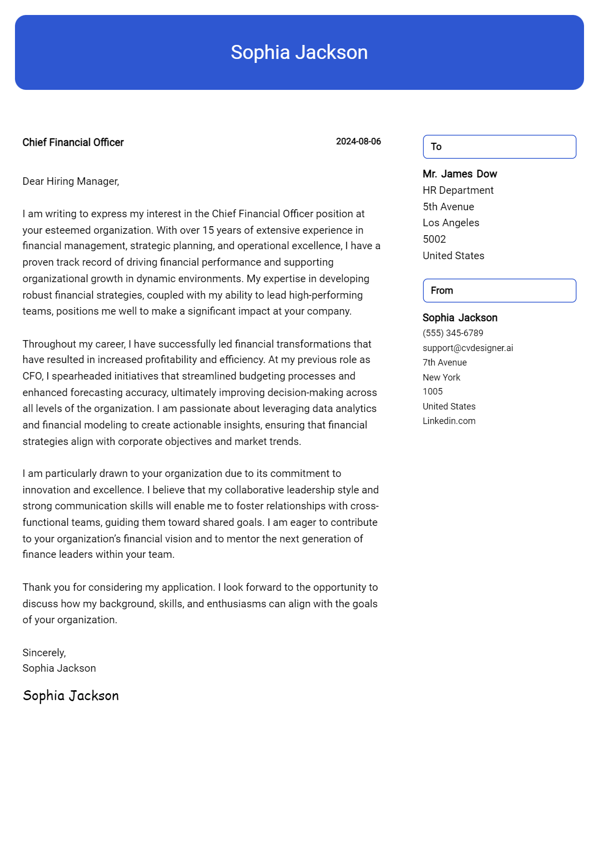chief financial officer cover letter example