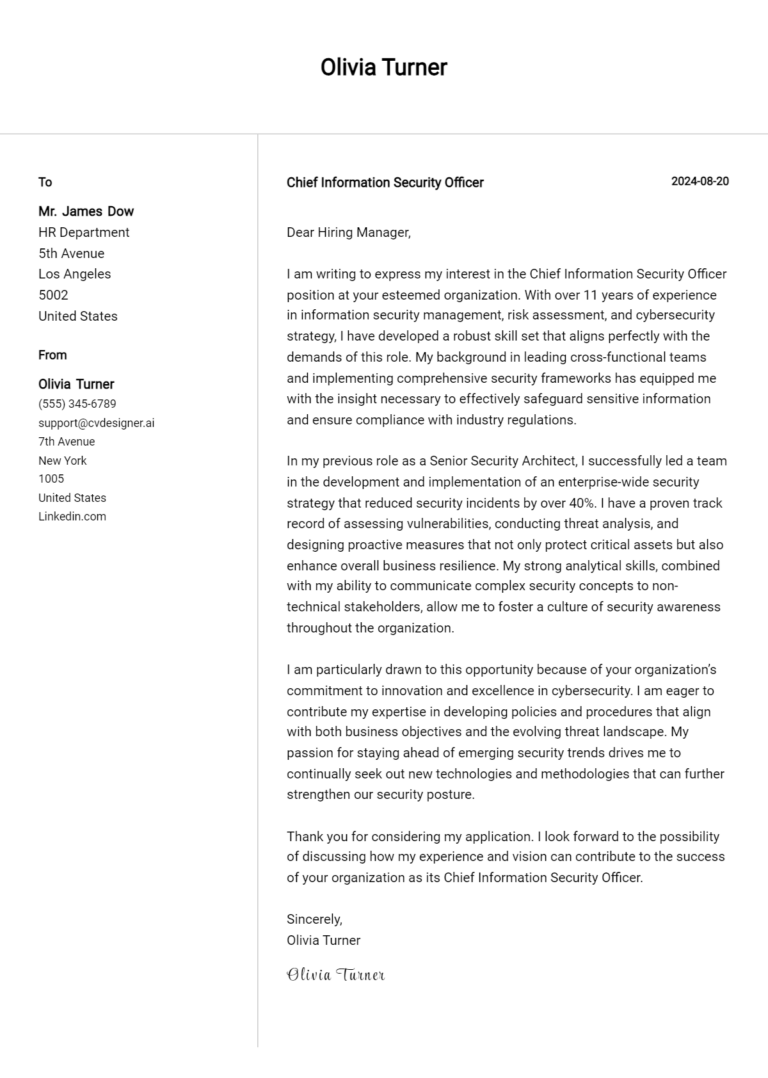Chief Information Security Officer Cover Letter Examples and Templates for 2025