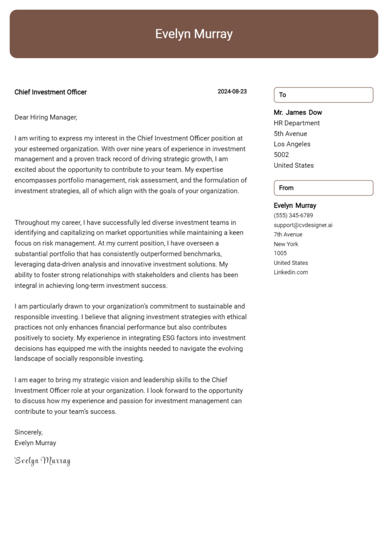 Chief Investment Officer Cover Letter Example for 2025: Expert Tips & Templates
