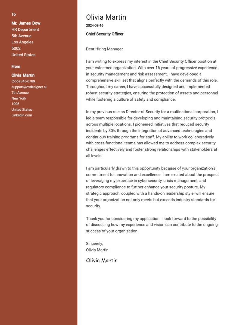 Chief Security Officer Cover Letter Example for 2025: Ultimate Guide