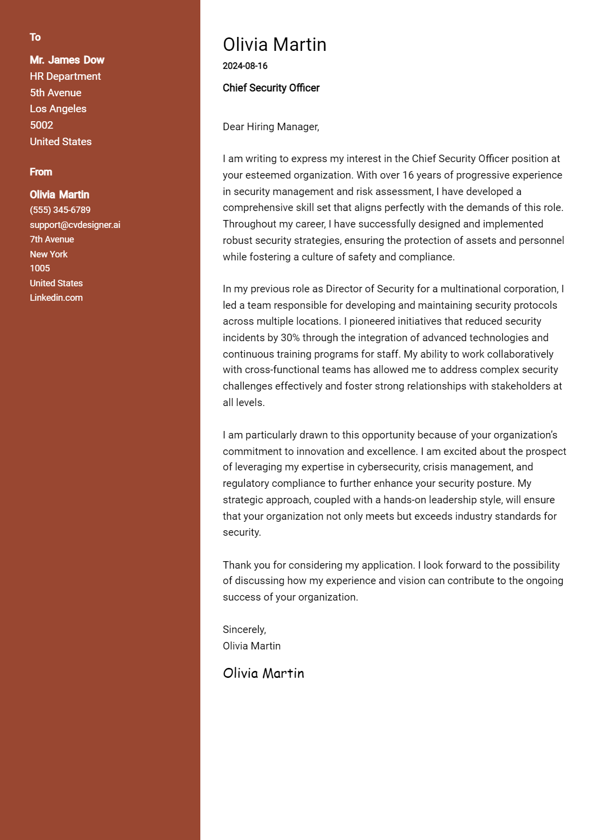 chief security officer cover letter example