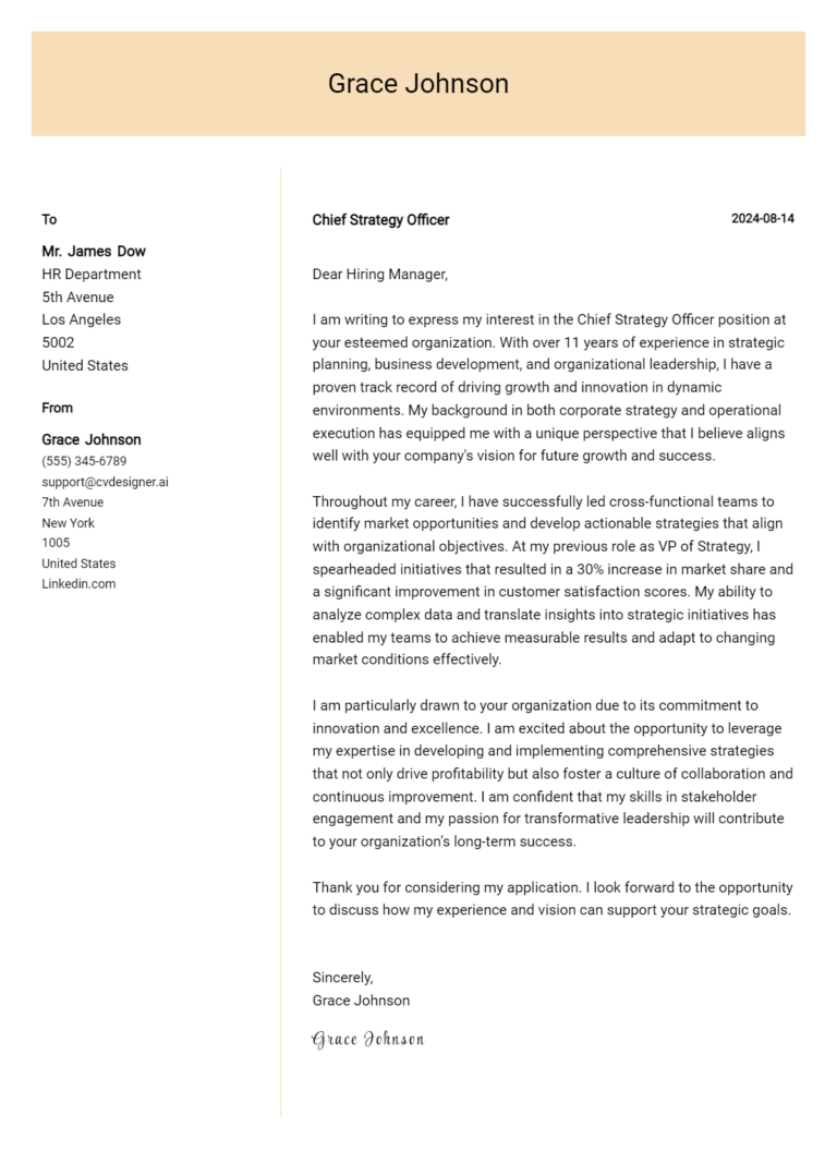 Chief Strategy Officer Cover Letter Example for 2025 (Download Templates)