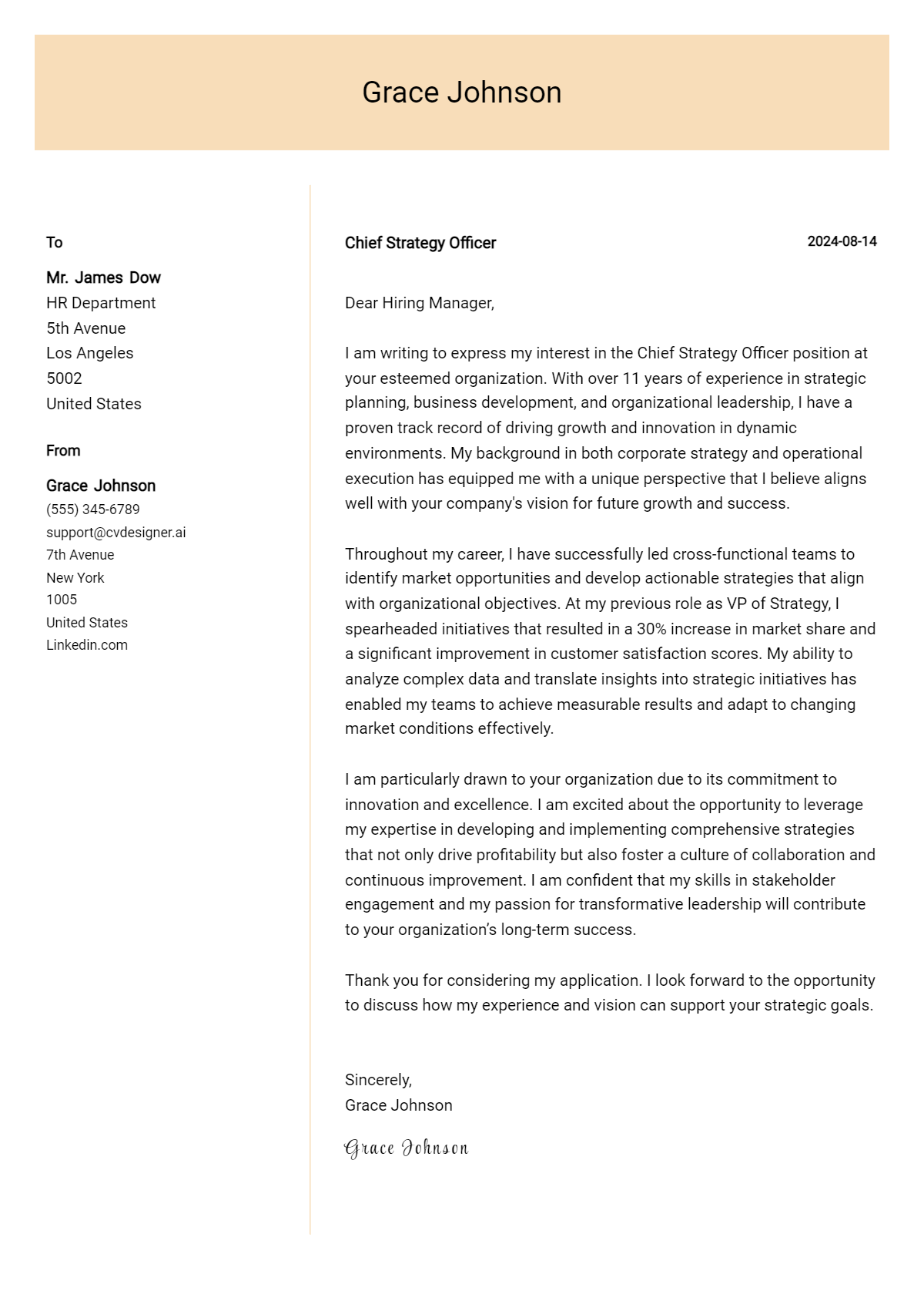 chief strategy officer cover letter example