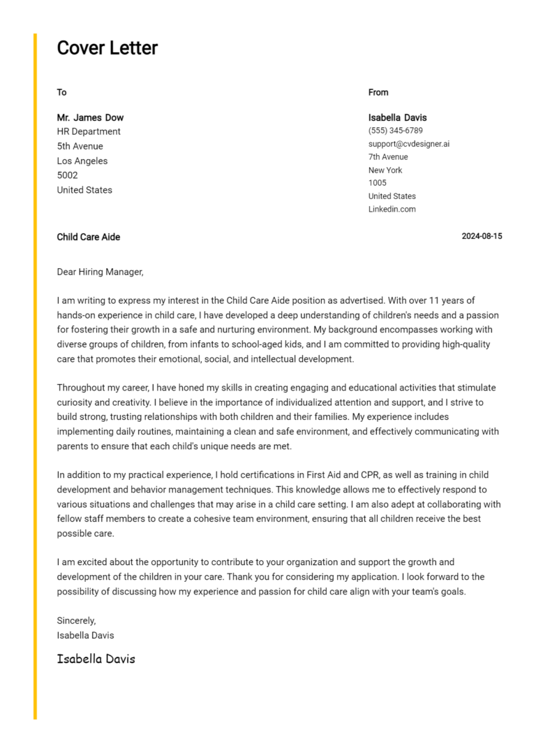 Child Care Aide Cover Letter Example for 2025: Tips & Templates