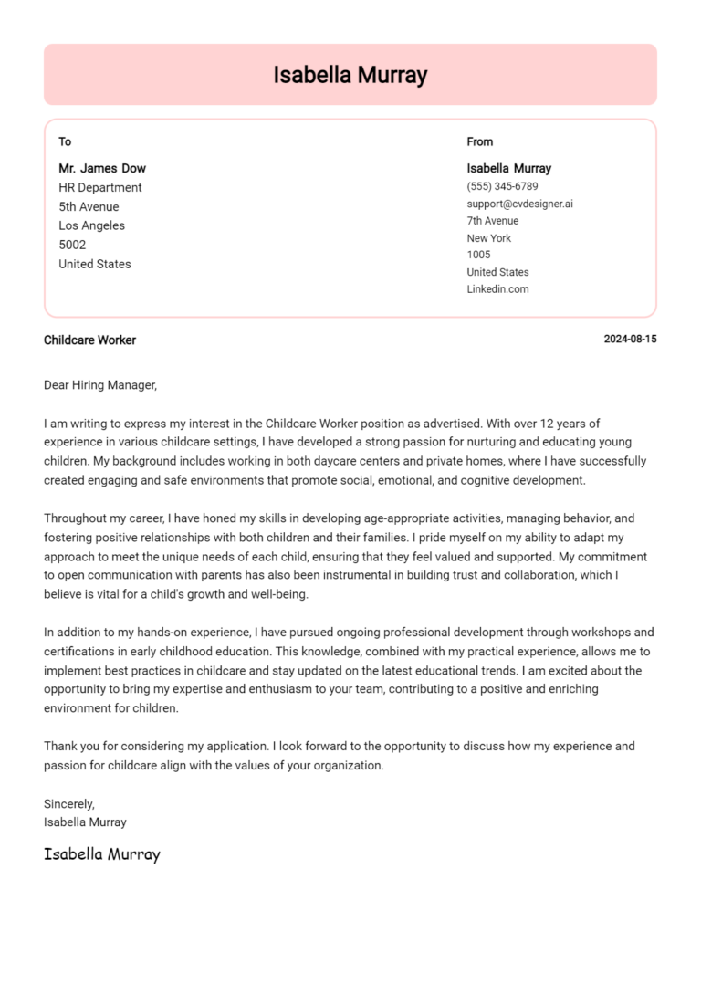 Childcare Worker Cover Letter Example for 2025: Free Templates 1 Childcare Worker Cover Letter Example for 2025: Free Templates
