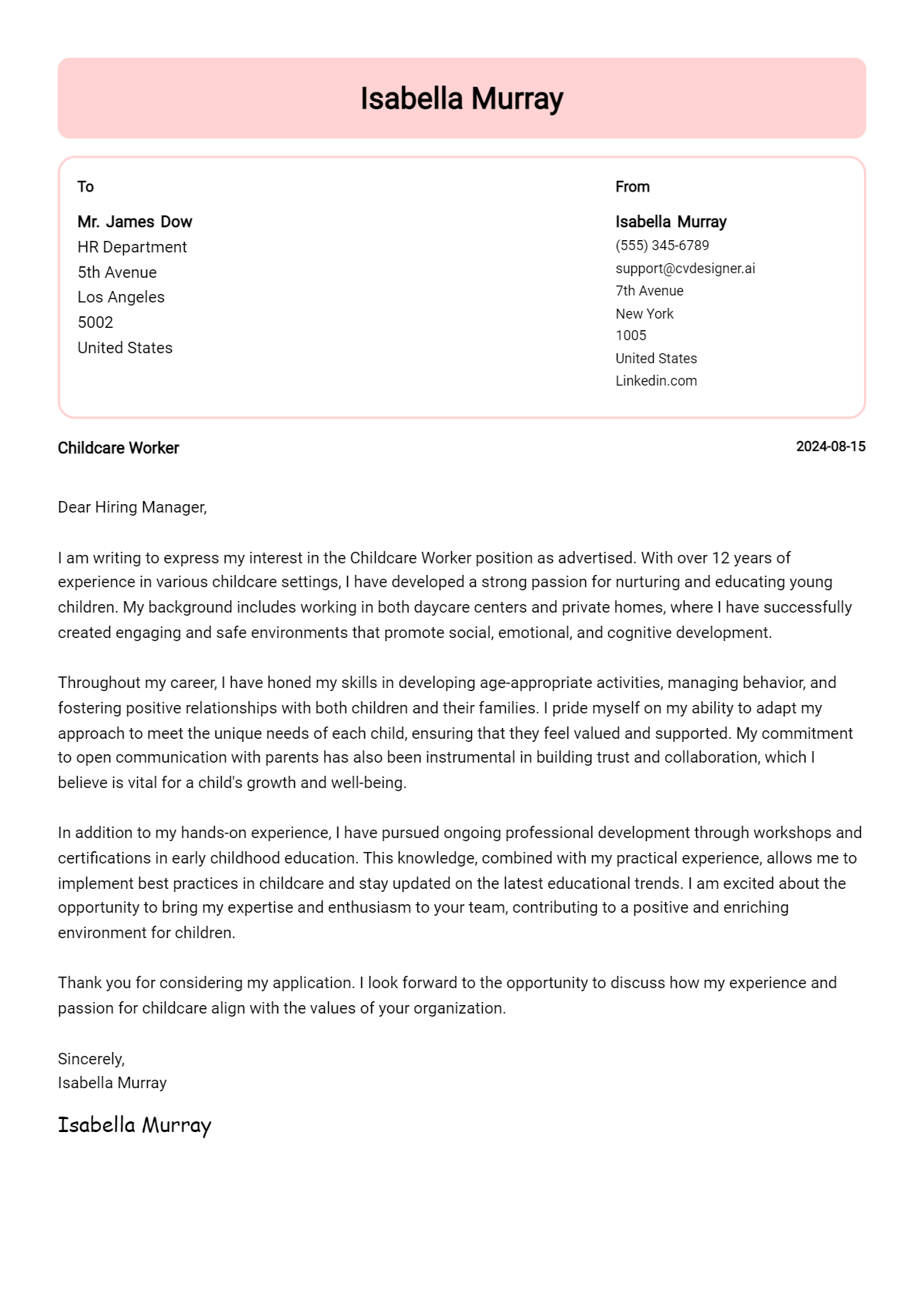 childcare worker cover letter example