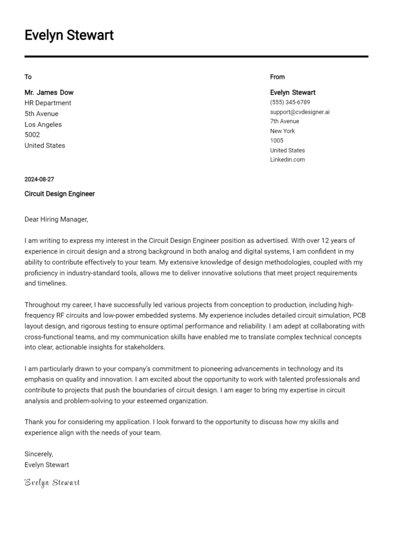 15 Circuit Design Engineer Cover Letter Examples & Samples for 2025