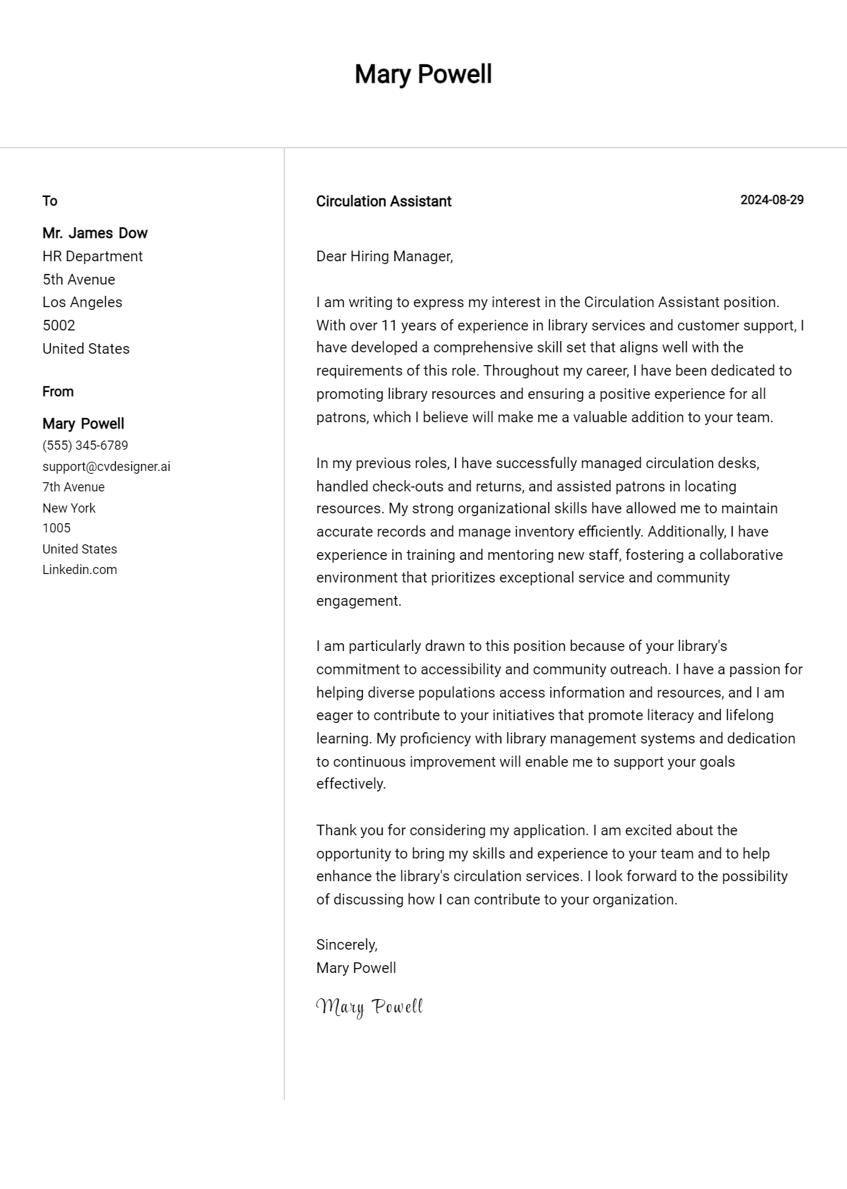 circulation assistant cover letter example