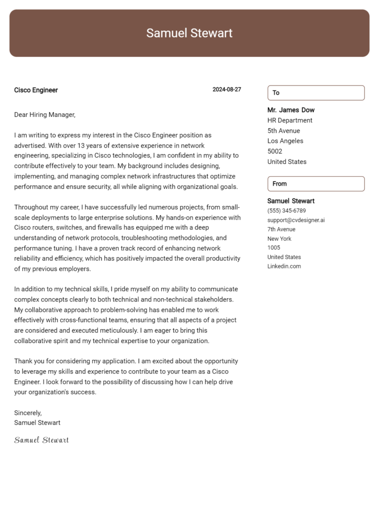 Cisco Engineer Cover Letter Examples and Templates for 2025
