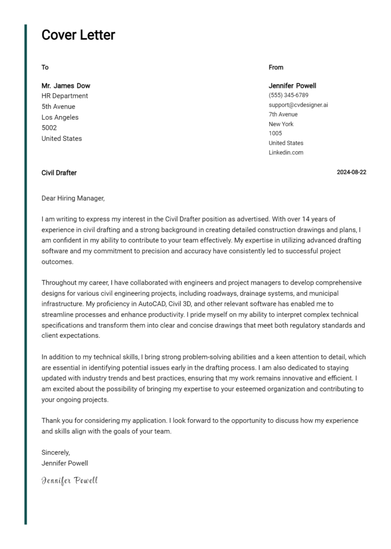 Civil Drafter Cover Letter Example for 2025: Expert Tips & Templates
