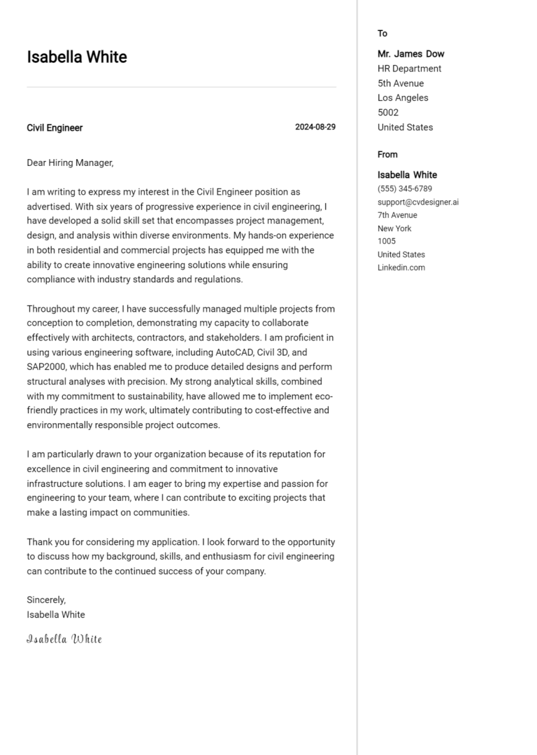 Civil Engineer Cover Letter Example for 2025: Free Templates