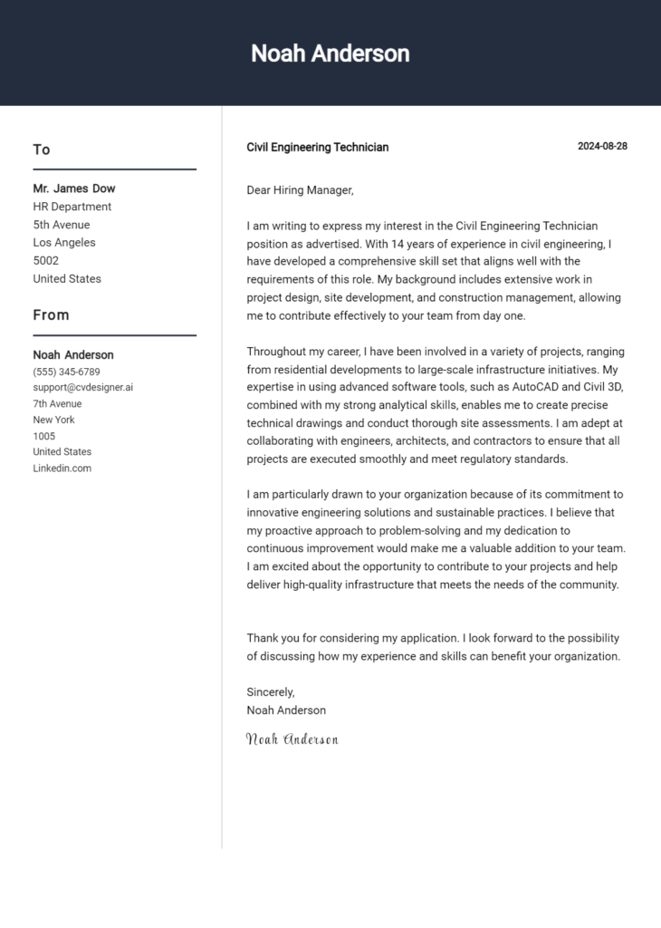 civil engineering technician cover letter example