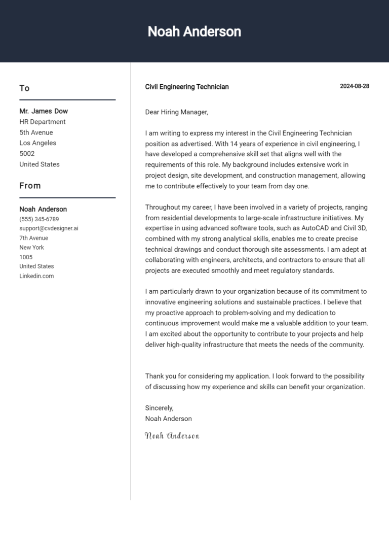 12 Civil Engineering Technician Cover Letter Examples for 2025 (Downloadable)