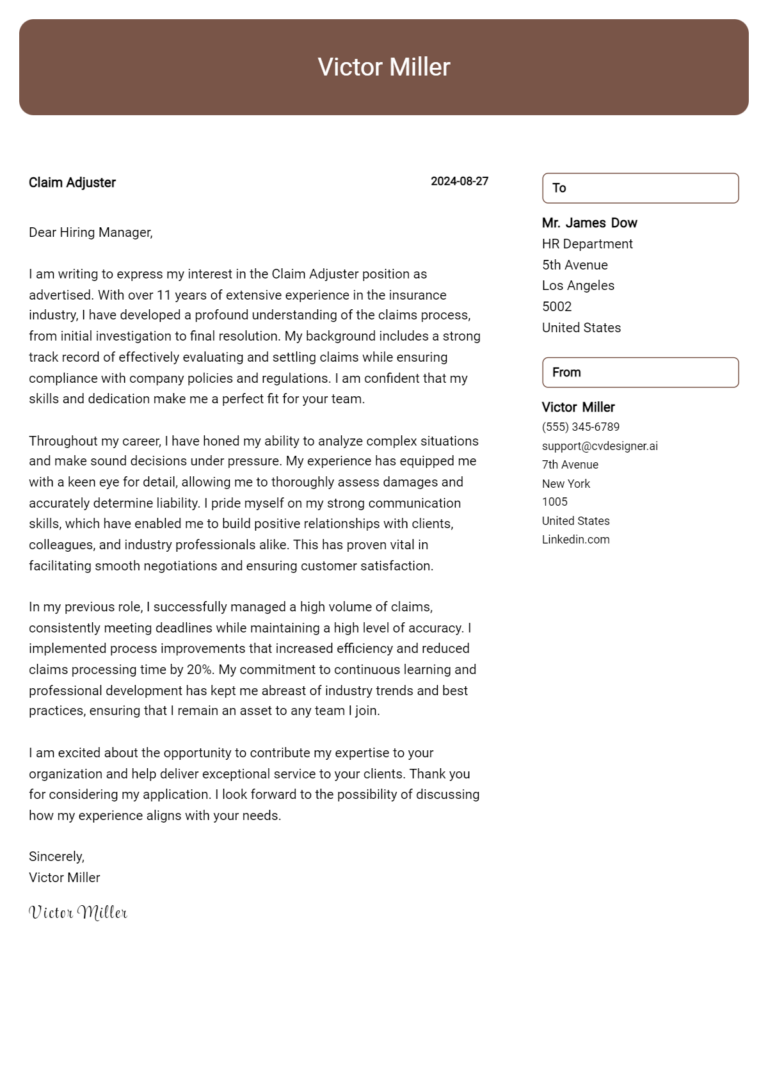 Claim Adjuster Cover Letter Example for 2025: Tips & Templates