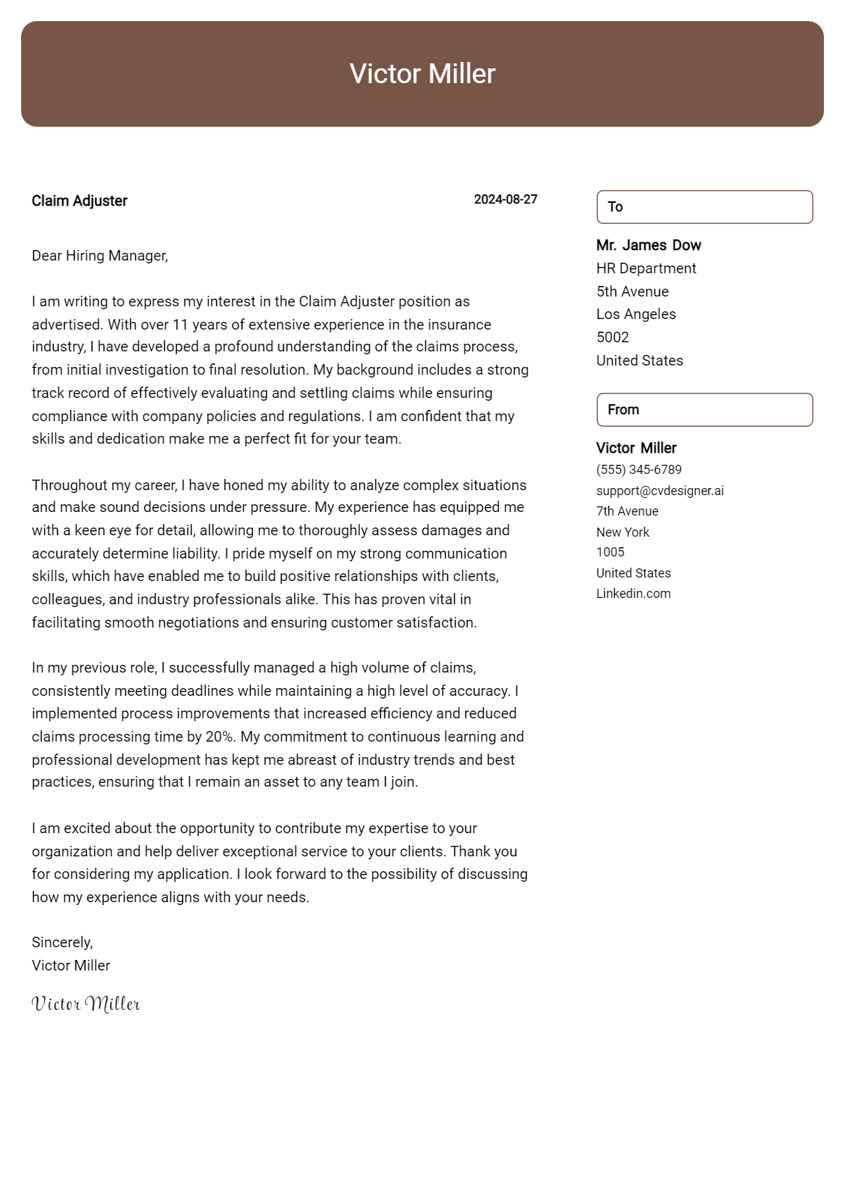 claim adjuster cover letter example