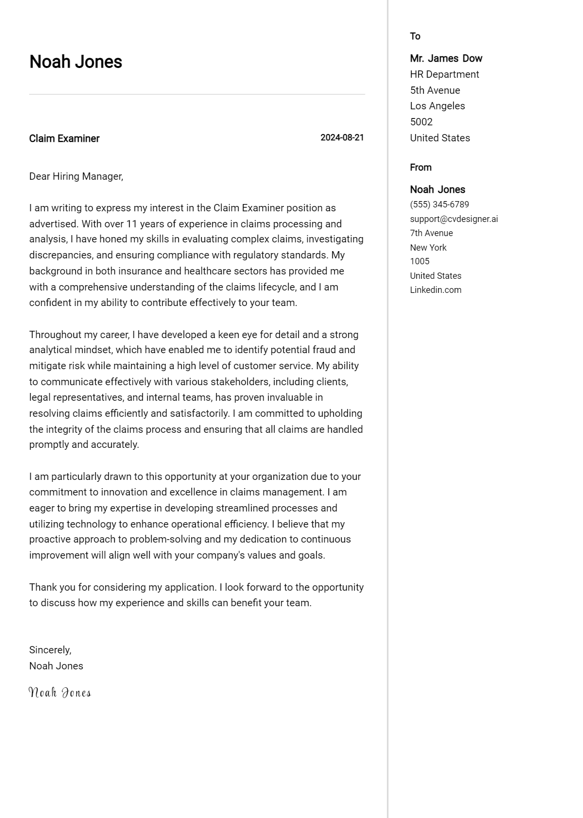 claim examiner cover letter example
