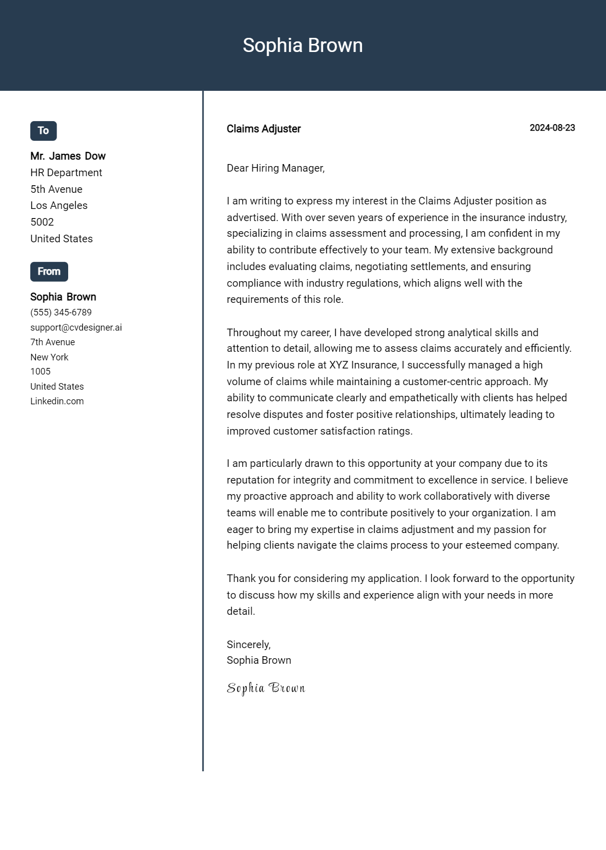 claims adjuster cover letter example