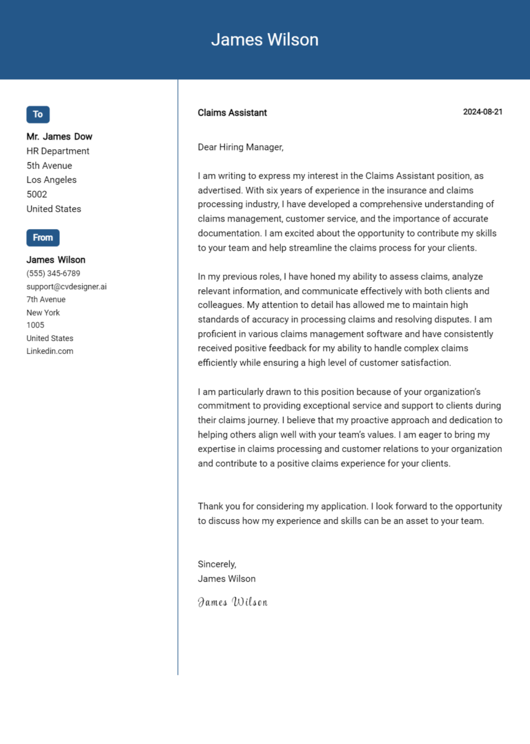 Claims Assistant Cover Letter Samples & Examples 2025