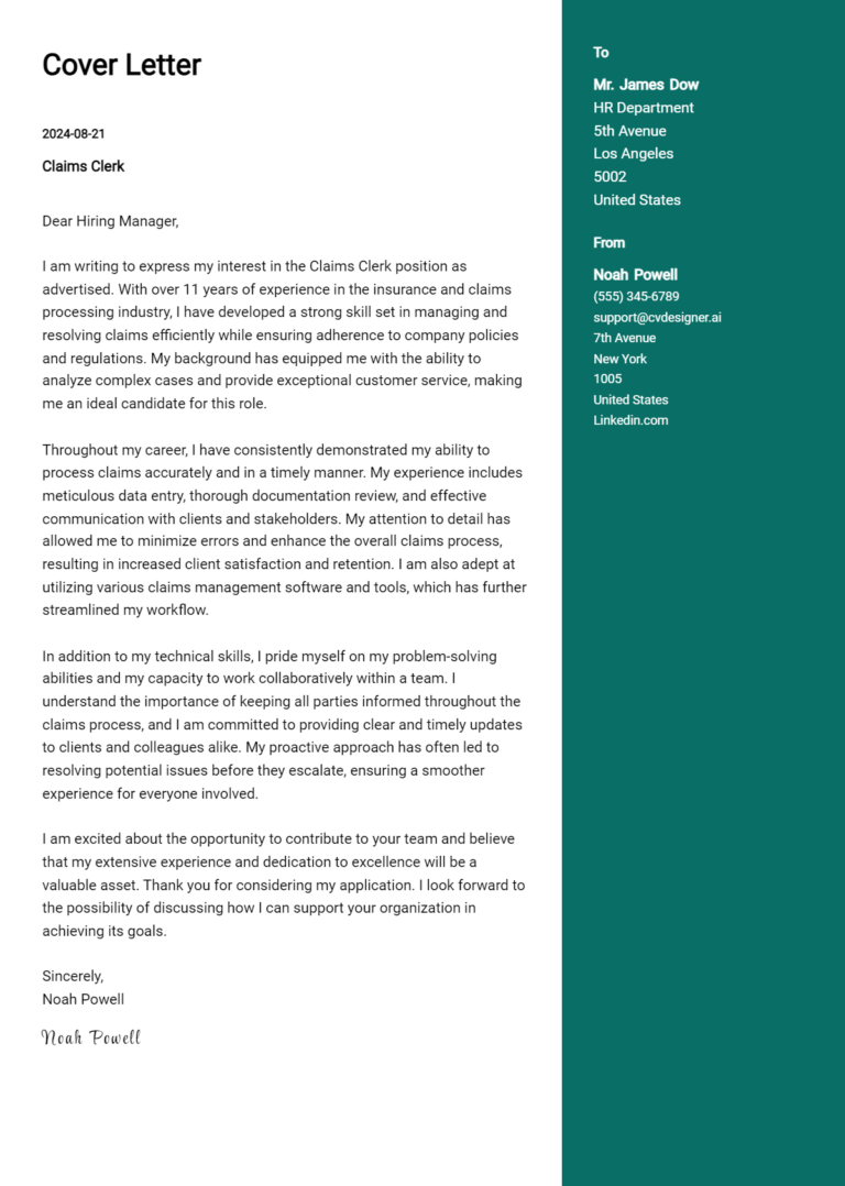 Claims Clerk Cover Letter Examples and Templates for 2025