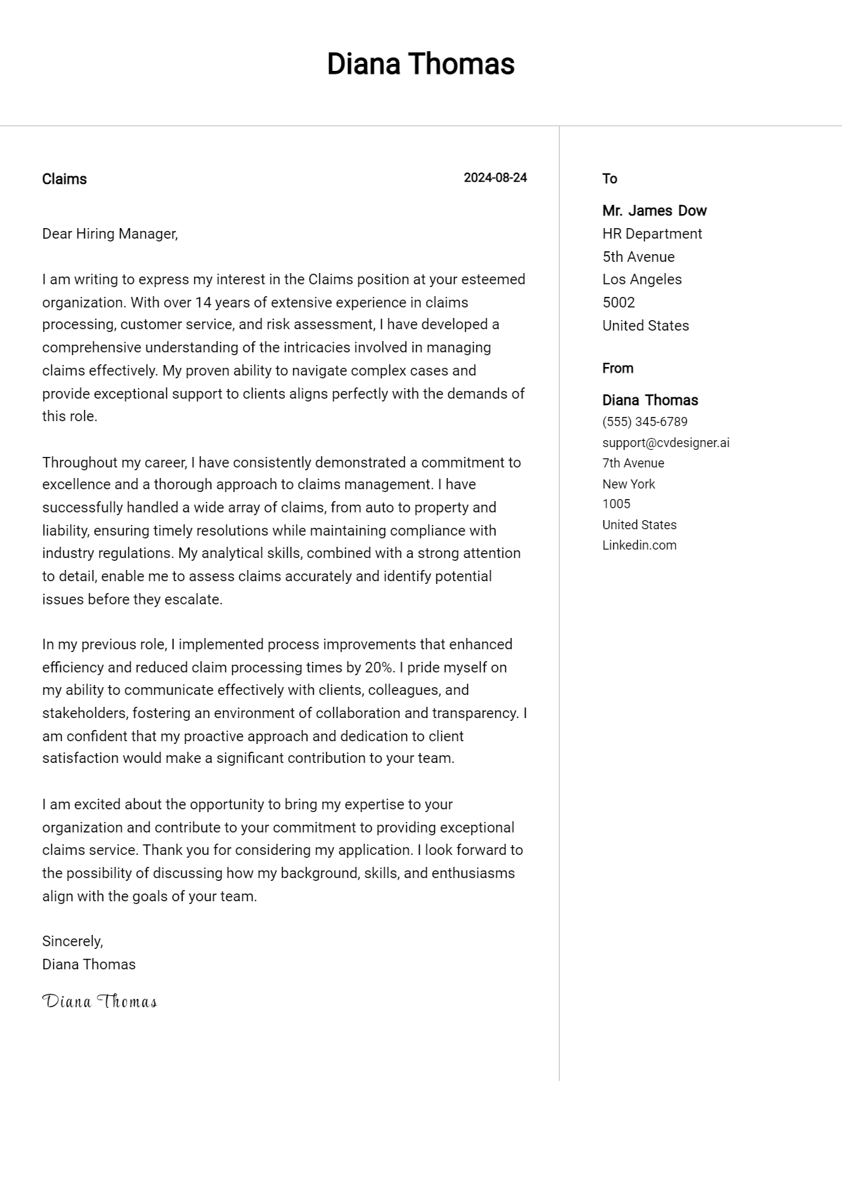 claims cover letter example