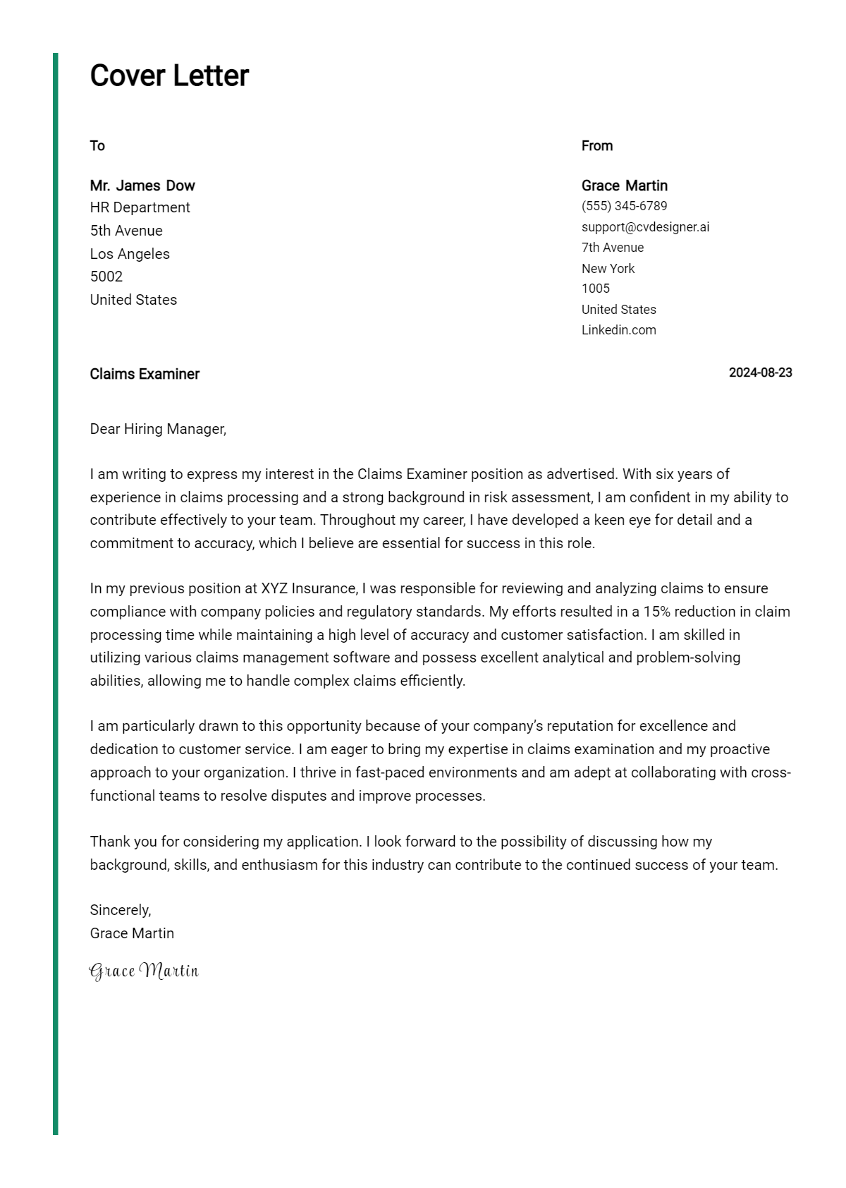 claims examiner cover letter example