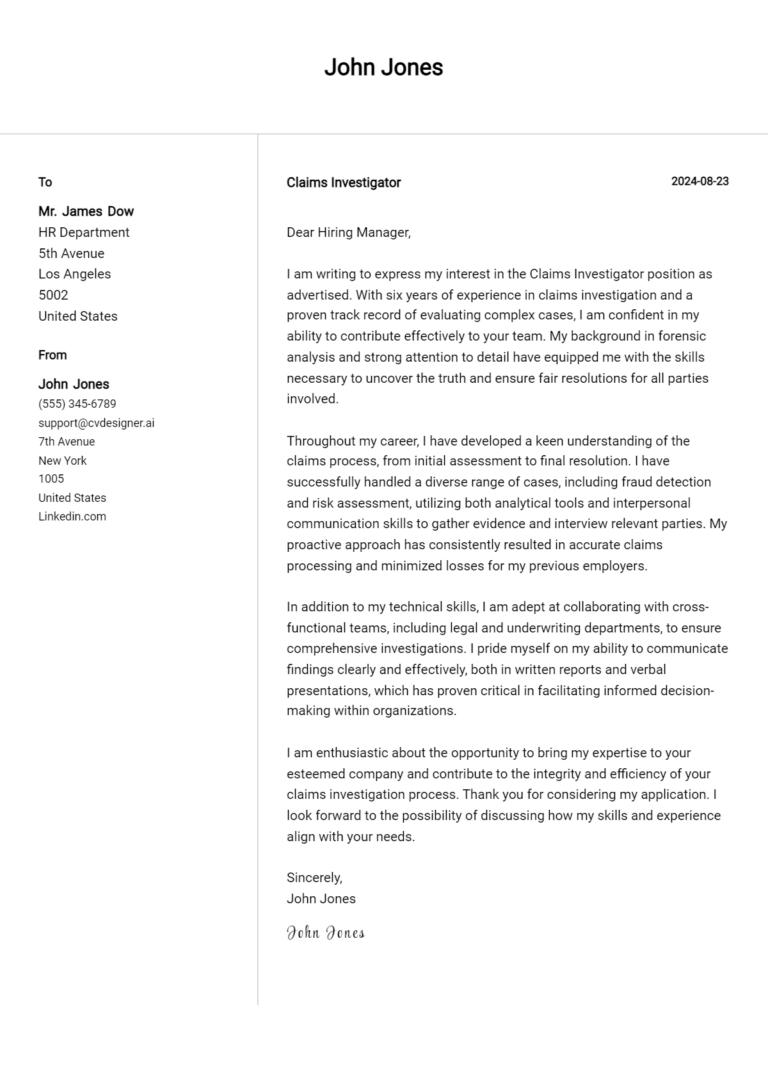 Claims Investigator Cover Letter Example for 2025: Tips & Templates