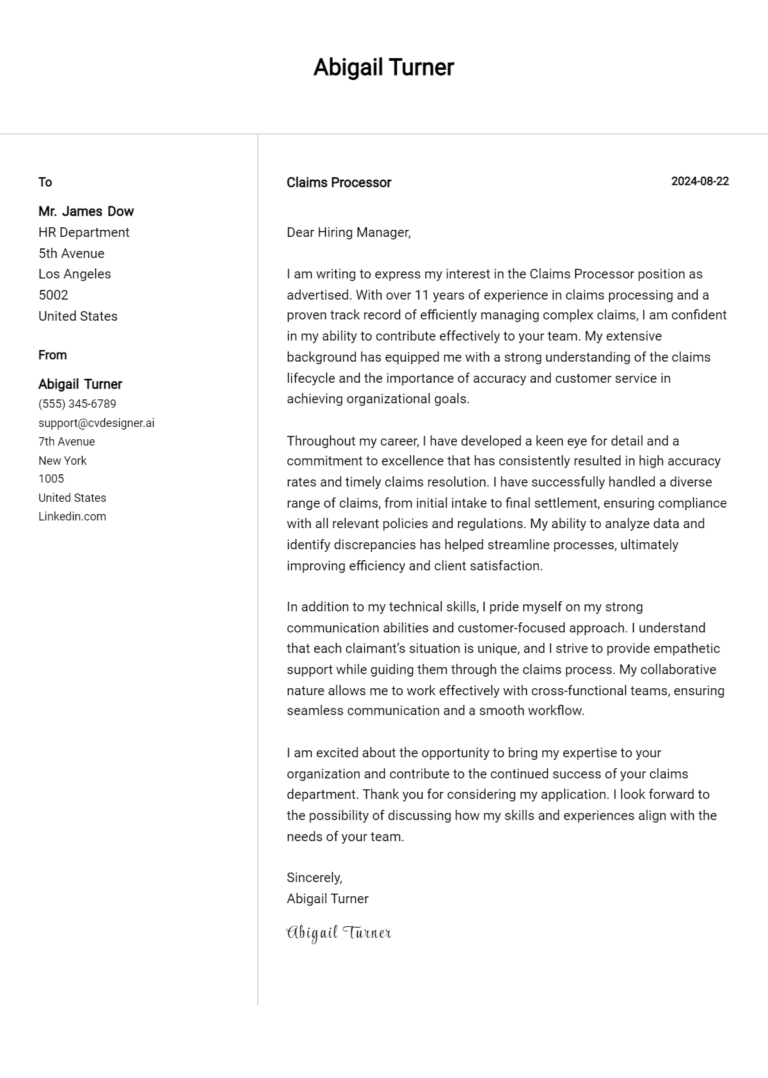Claims Processor Cover Letter Example for 2025 (Complete Writing Guide)