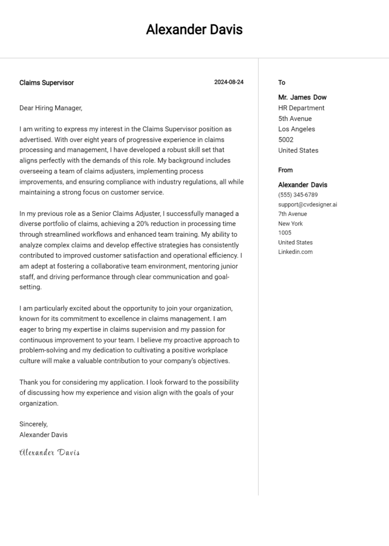 Claims Supervisor Cover Letter Example for 2025 (Writing Guide)