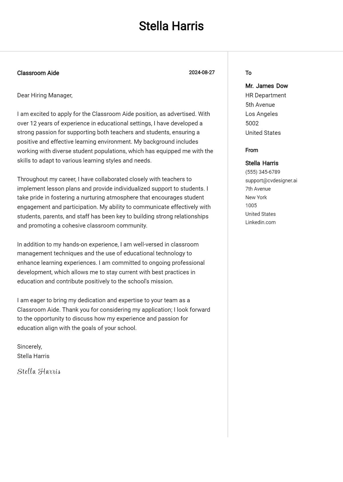 classroom aide cover letter example