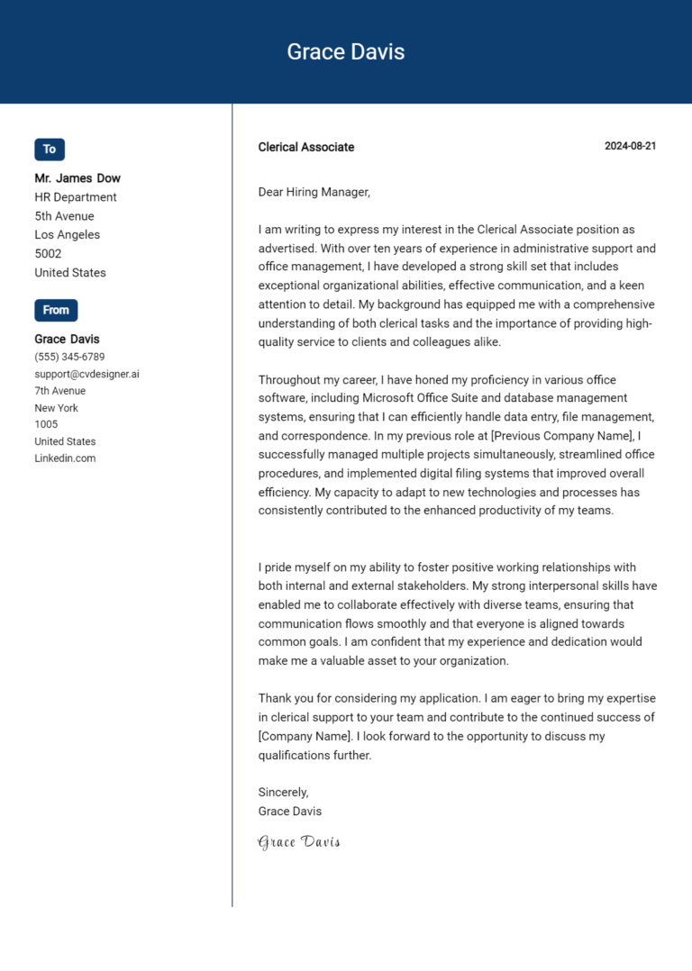 Clerical Associate Cover Letter Example for 2025 (Complete Writing Guide)