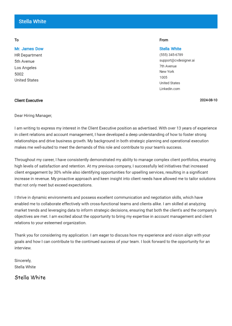 Client Executive Cover Letter Example for 2025: Ultimate Guide