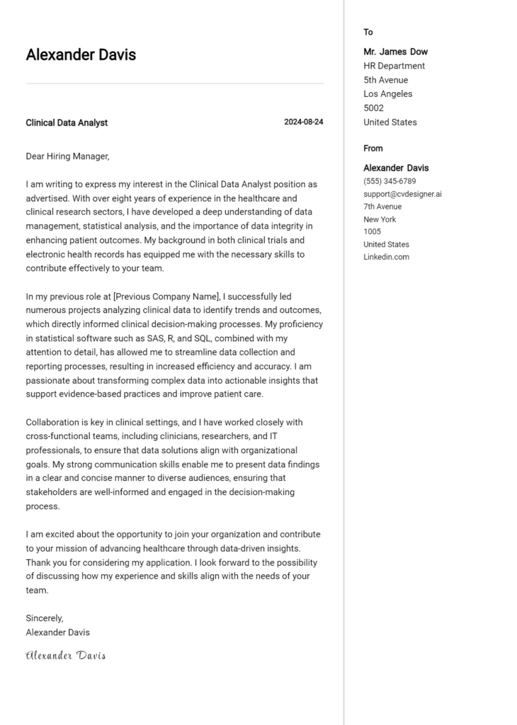 clinical data analyst cover letter example