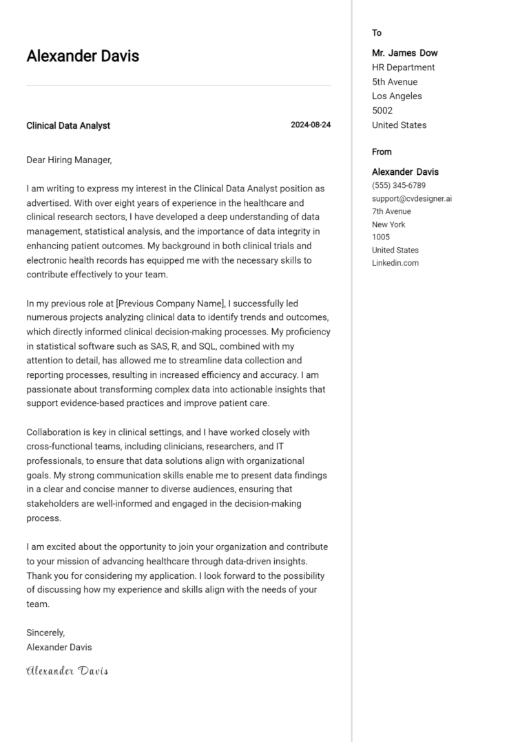 Clinical Data Analyst Cover Letter Example for 2025: Tips & Templates