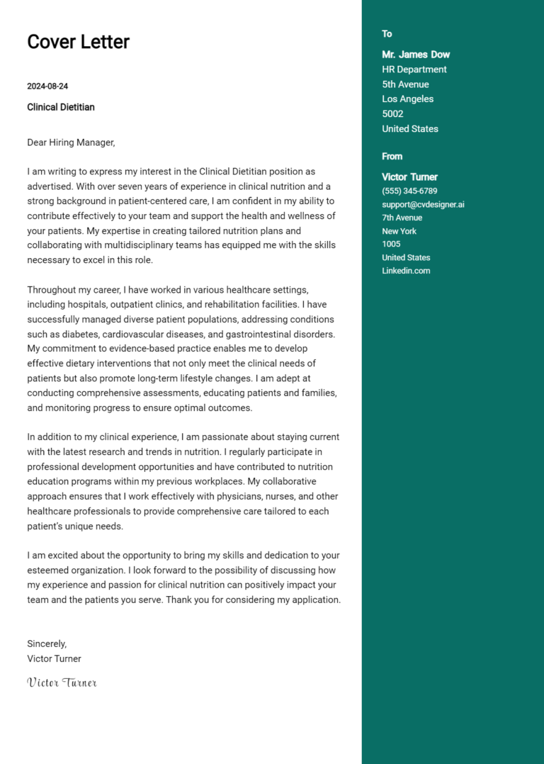 Clinical Dietitian Cover Letter Examples and Templates for 2025