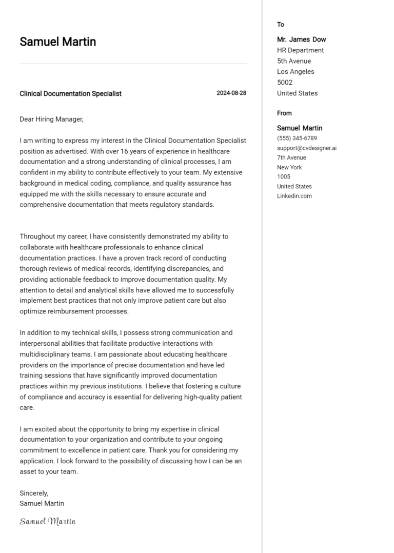 Clinical Documentation Specialist Cover Letter Examples & Samples for 2025 1 Clinical Documentation Specialist Cover Letter Examples & Samples for 2025