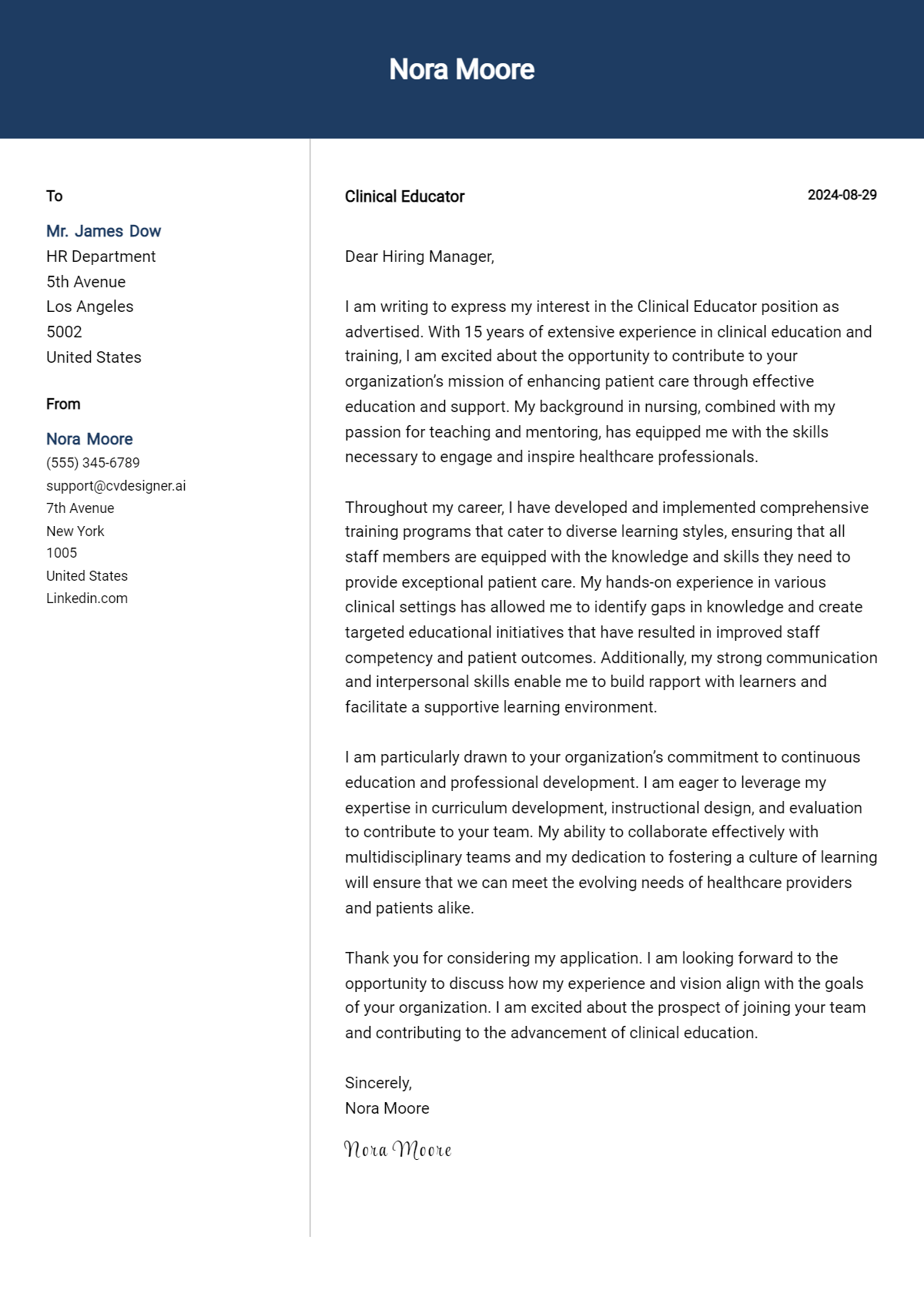 clinical educator cover letter example