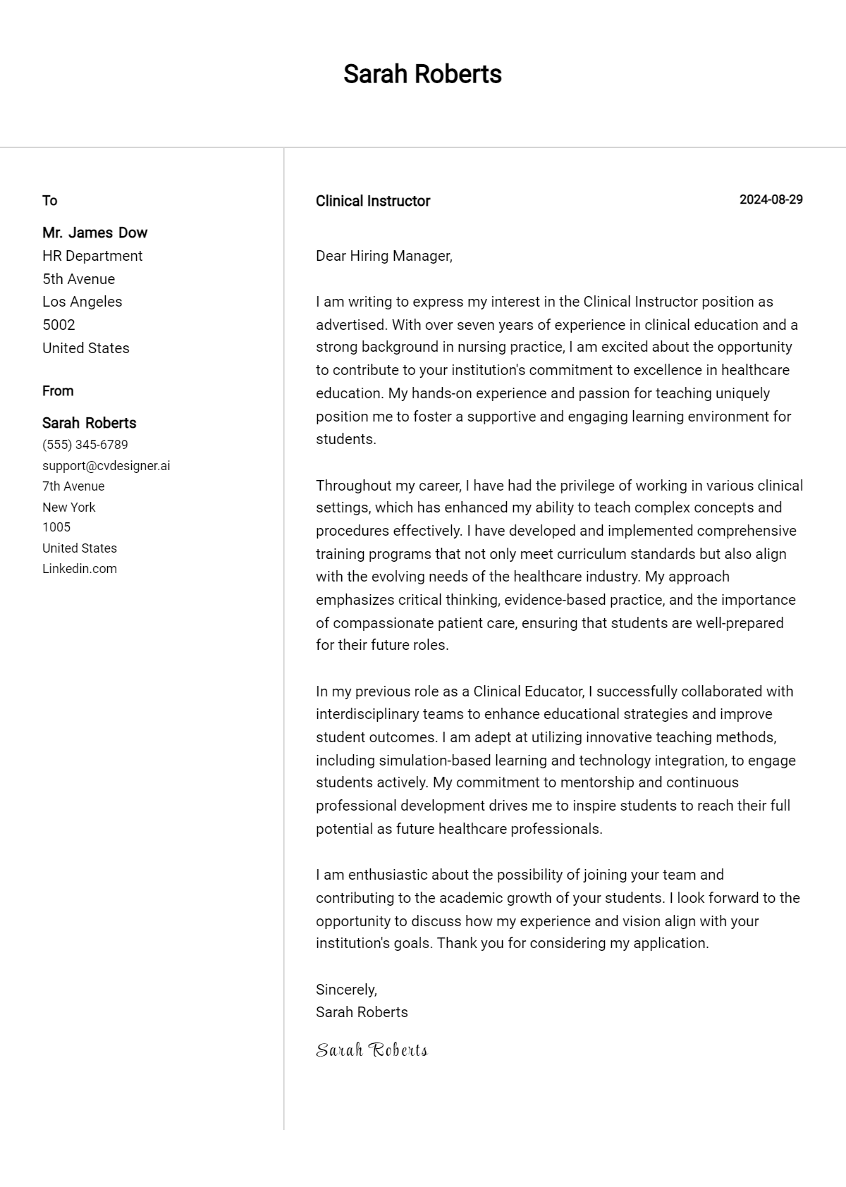 clinical instructor cover letter example