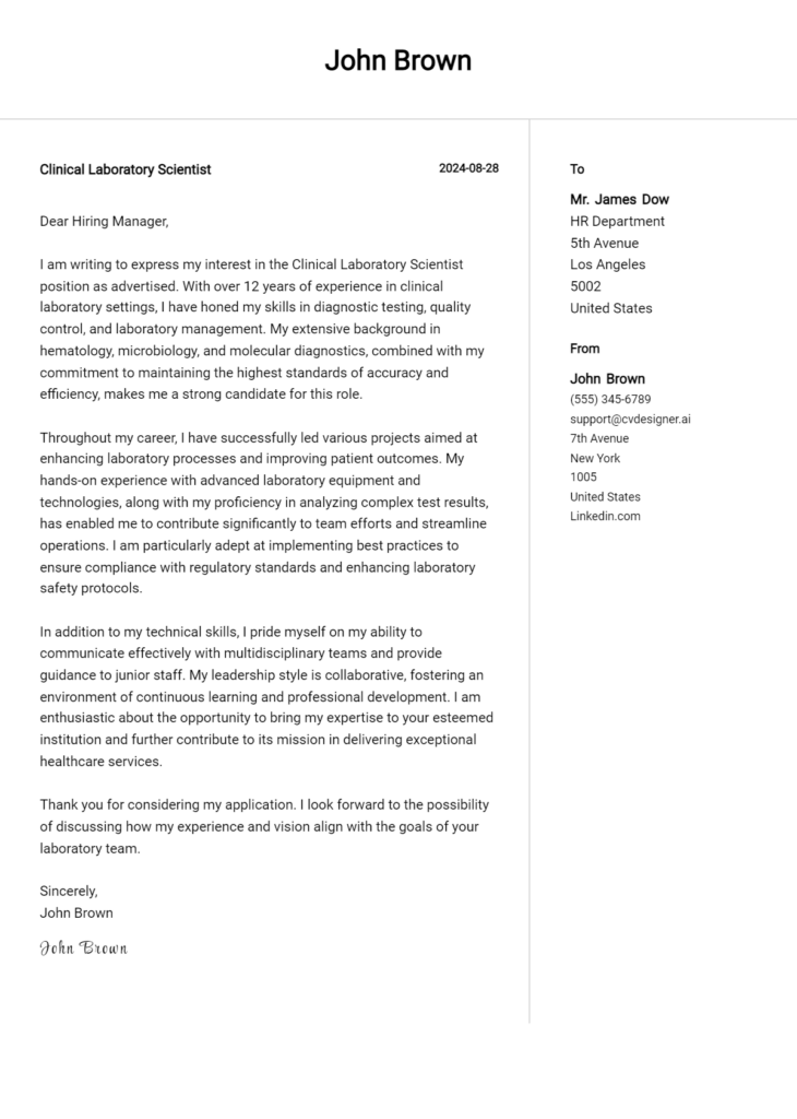 Clinical Laboratory Scientist Cover Letter Examples and Templates for ...