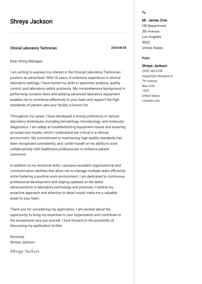 Clinical Laboratory Technician Cover Letter Example for 2025 (Complete Writing Guide)