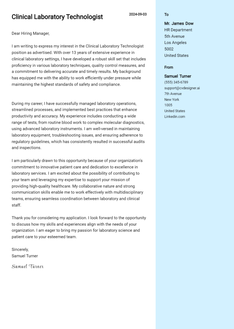 Clinical Laboratory Technologist Cover Letter Examples for 2025 (Downloadable)