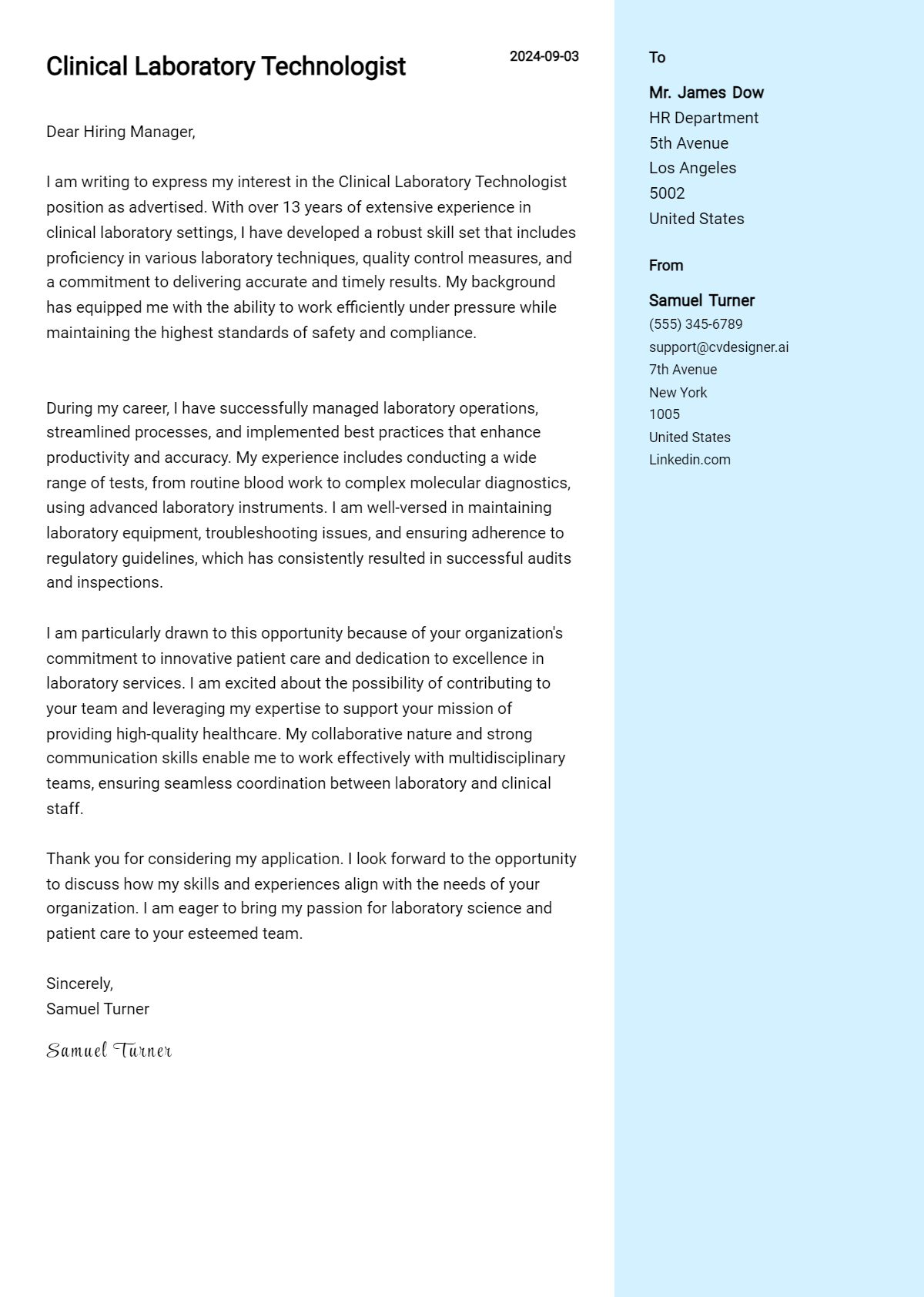 clinical laboratory technologist cover letter example
