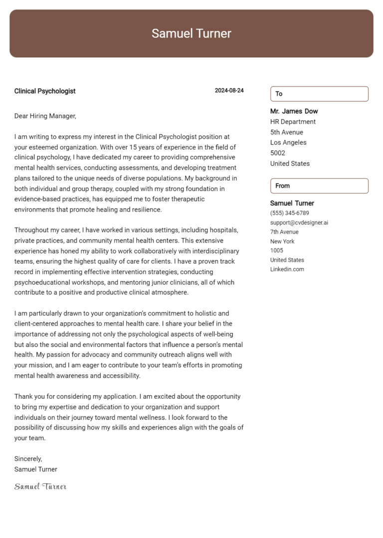 Clinical Psychologist Cover Letter Example for 2025: Top CV Skills