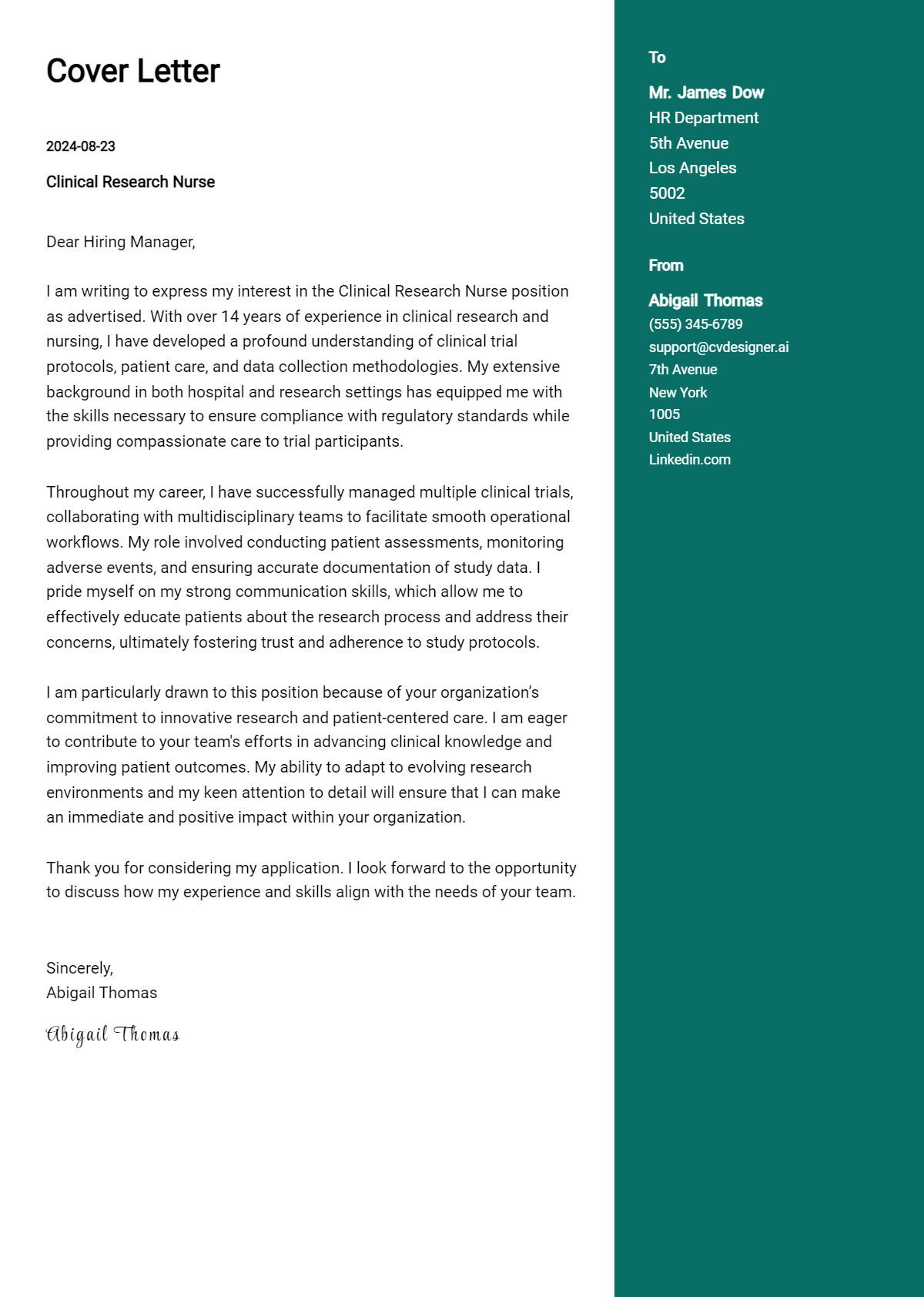 Clinical Research Nurse Cover Letter Example For 2024 Free Templates Cvdesigner Ai