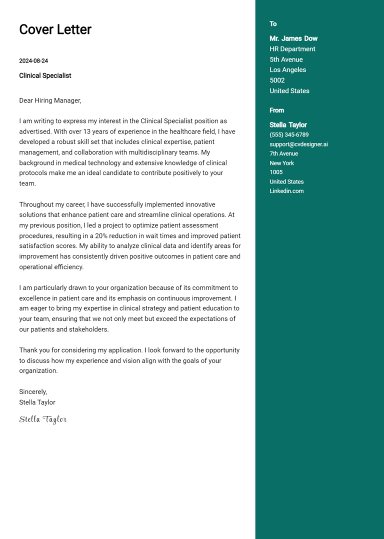 12 Clinical Specialist Cover Letter Examples for 2025: Proven Tips