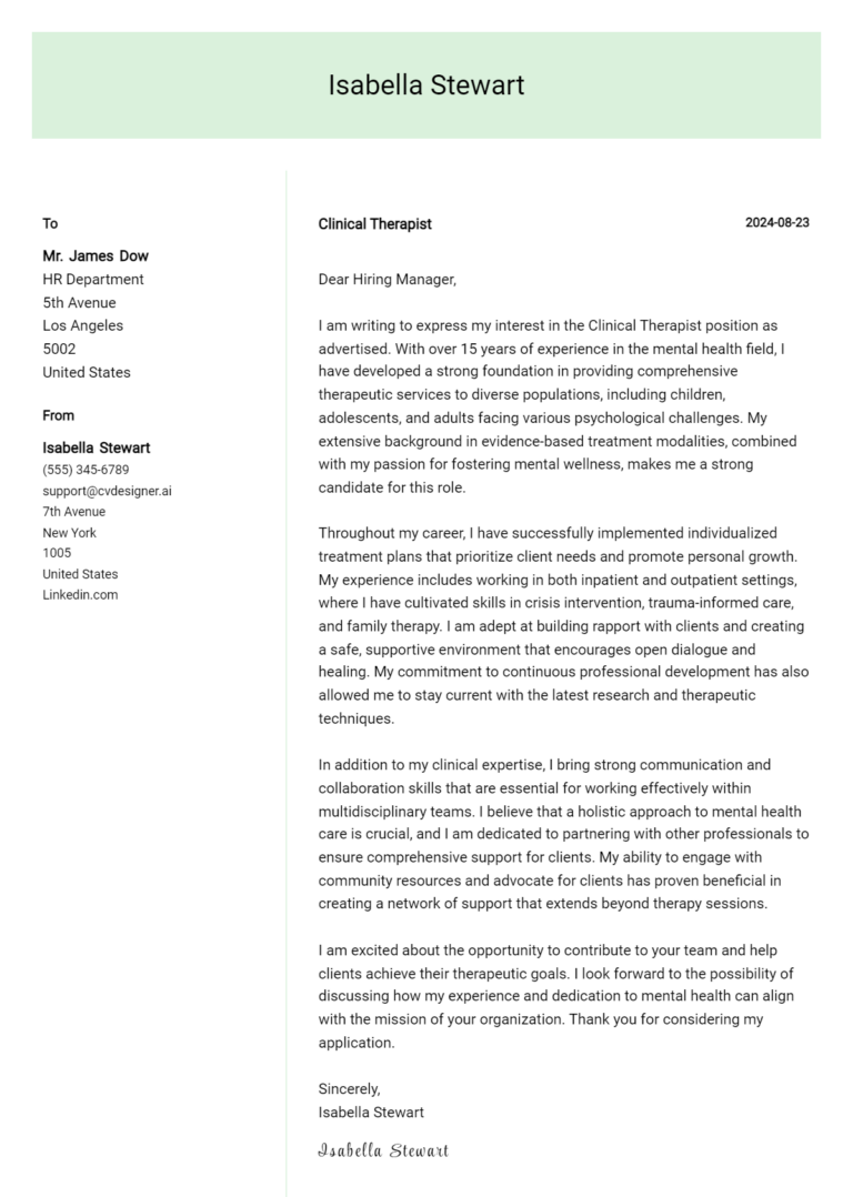 Clinical Therapist Cover Letter Example for 2025: Top CV Skills
