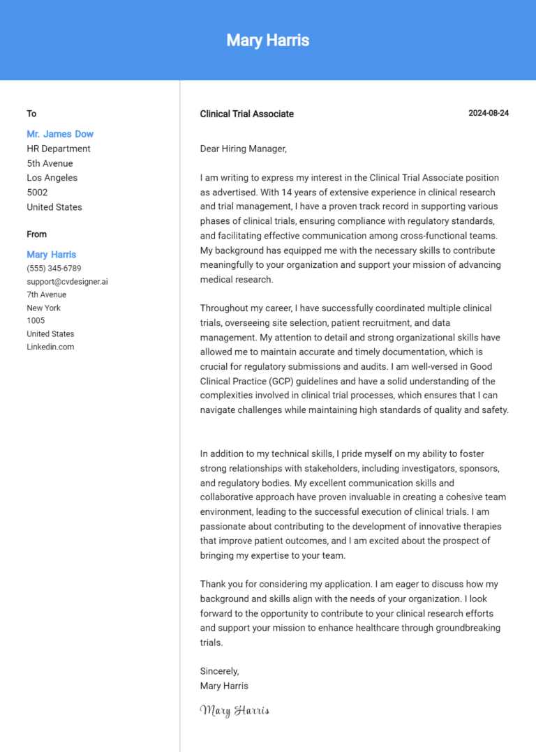 Clinical Trial Associate Cover Letter Examples and Templates for 2025
