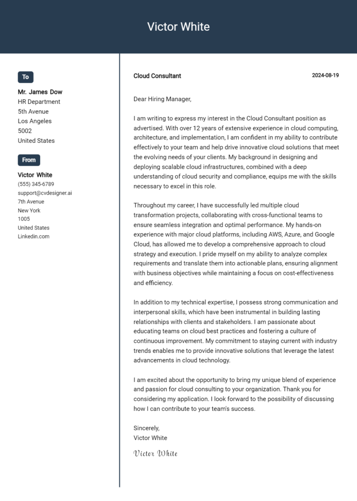cloud consultant cover letter example